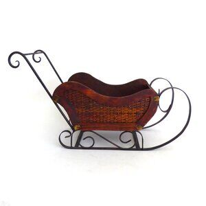 VINTAGE 1950’s 26” SANTA SLEIGH CHRISTMAS DECOR WOOD WICKER IRON DOLL SLED